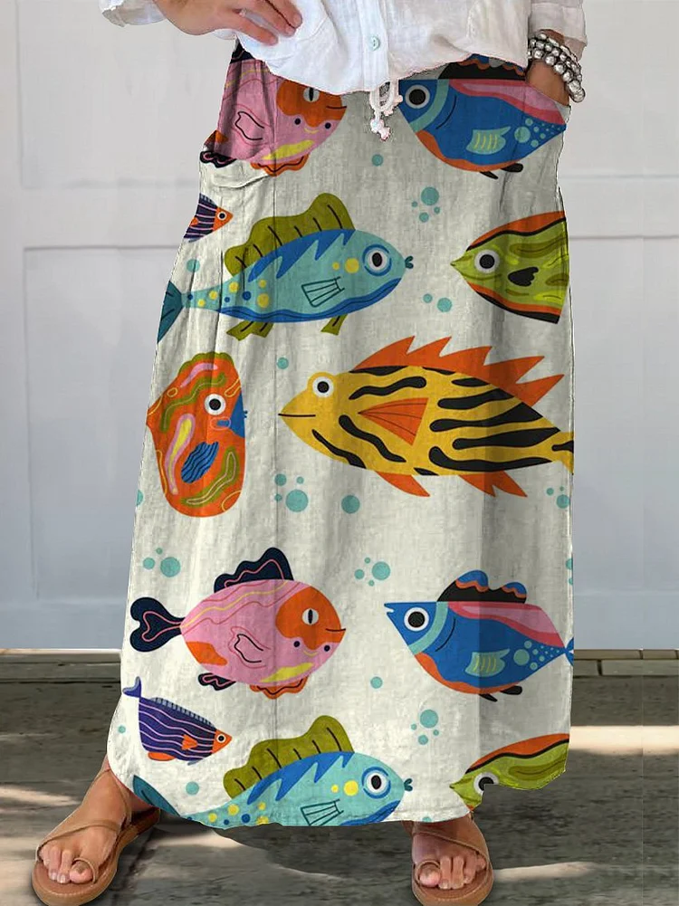 Lovely Cartoon Fish Pattern Printed Women's Linen Pocket Skirt
