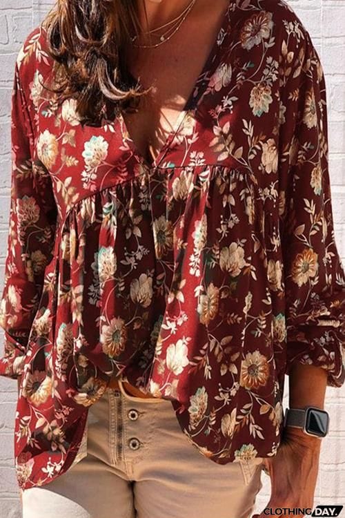 Floral Print V Neck Loose Blouse