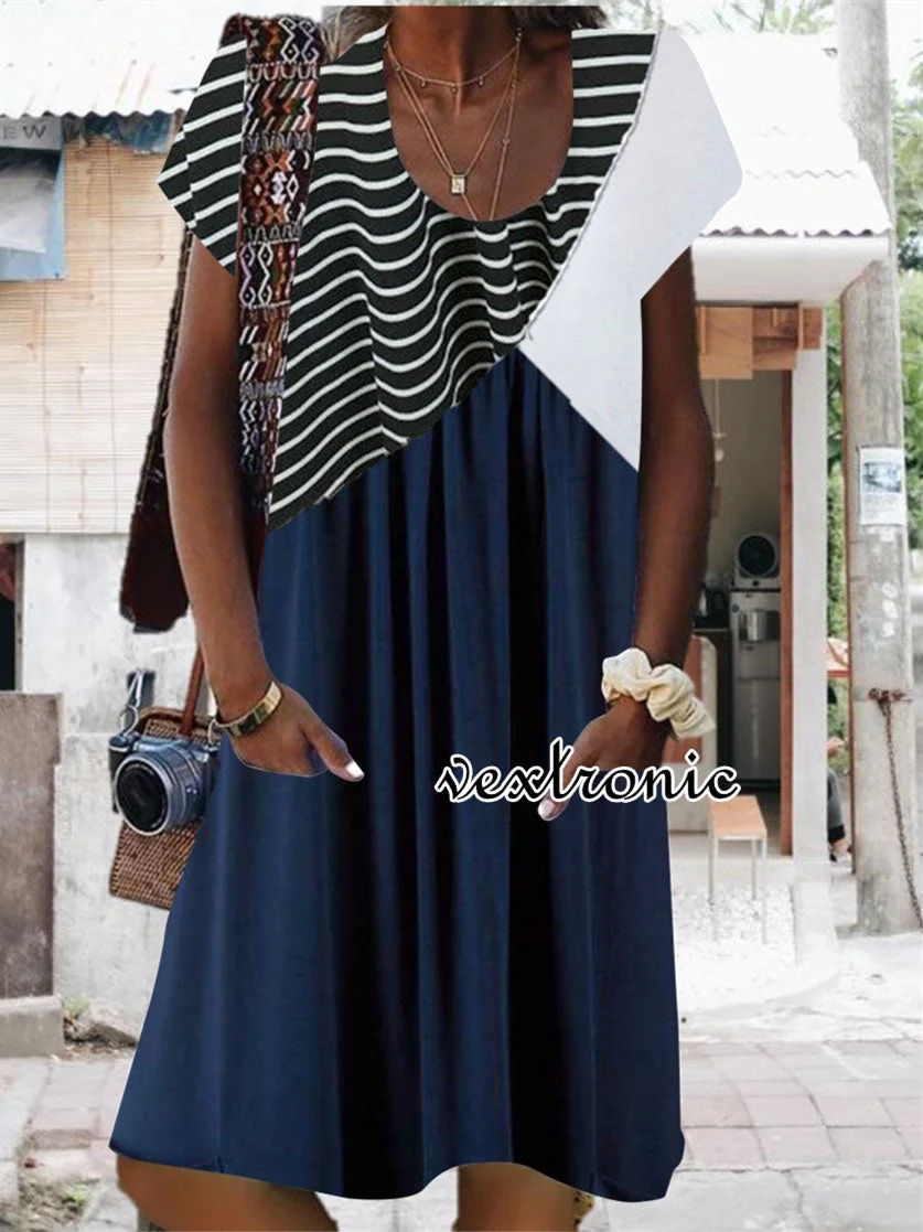 Women's Short Sleeve Scoop Neck Graphic Striped Midi Dress