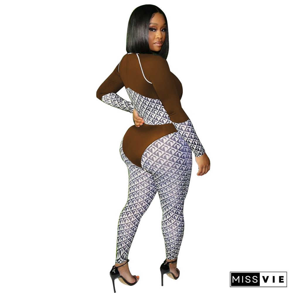Patchwork Print O Neck Long Sleeve Bodycon Jumpsuit