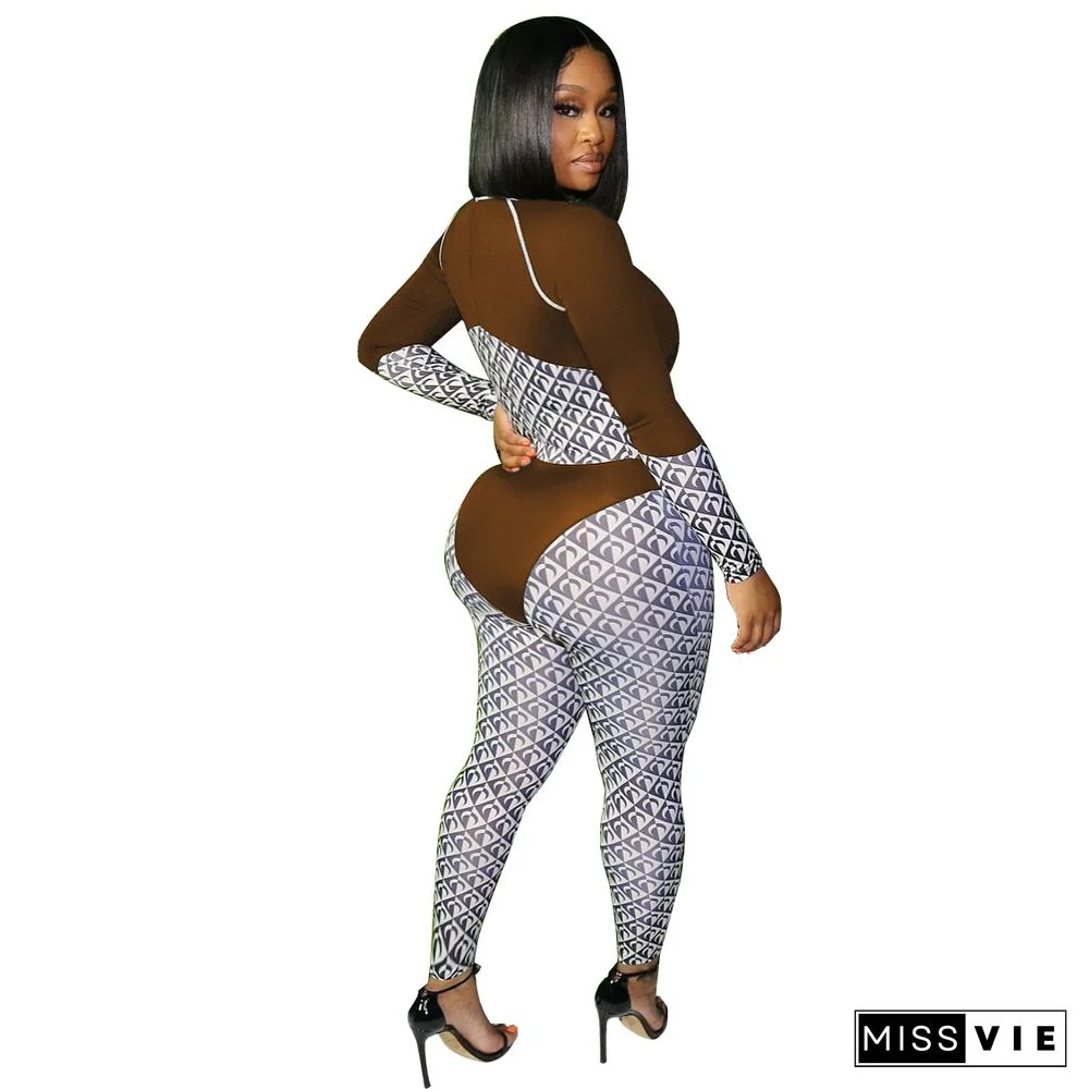 Patchwork Print O Neck Long Sleeve Bodycon Jumpsuit