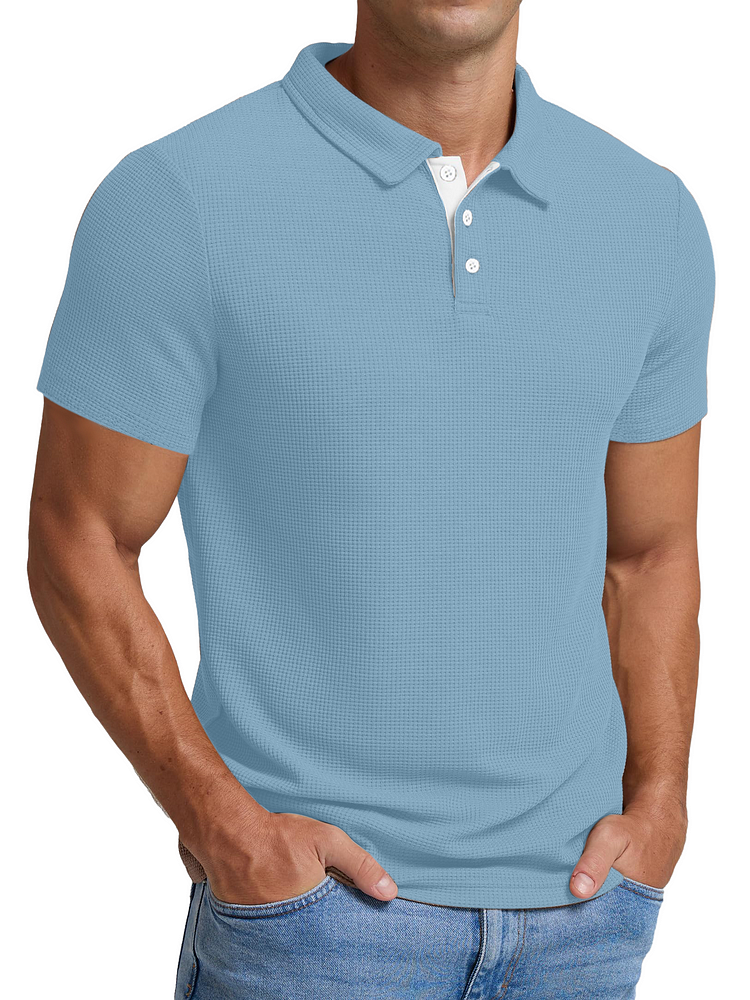 Men's Casual Waffle Contrast Lapel Short Sleeve Polo Shirt