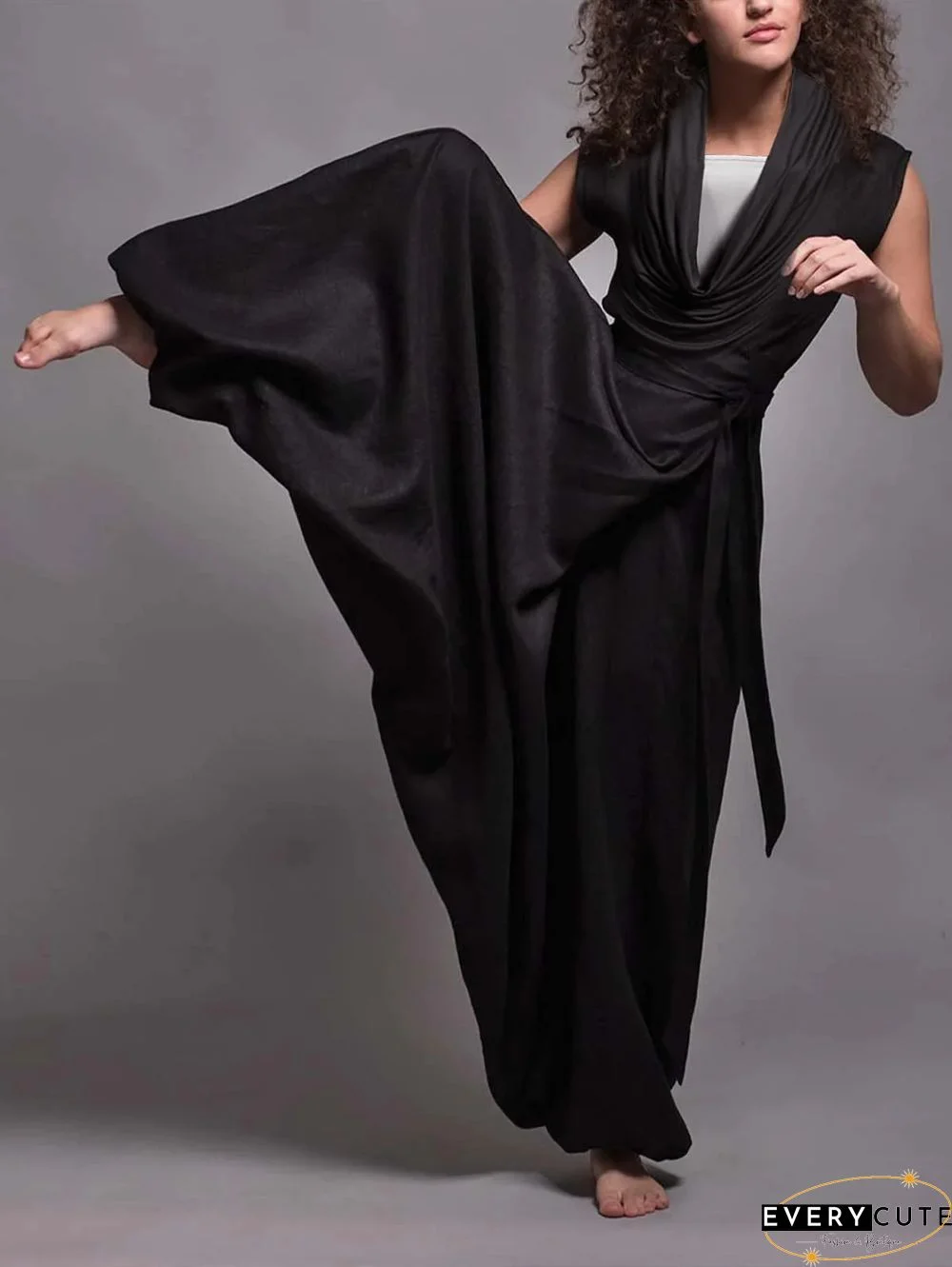 Casual Neck Plicated Loose Wrap Jumpsuit