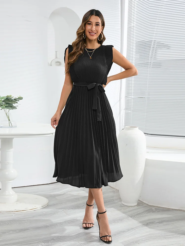 Solid Color Pleated Fashion Elegant Round Neck Ruffle Loose Midi Dress