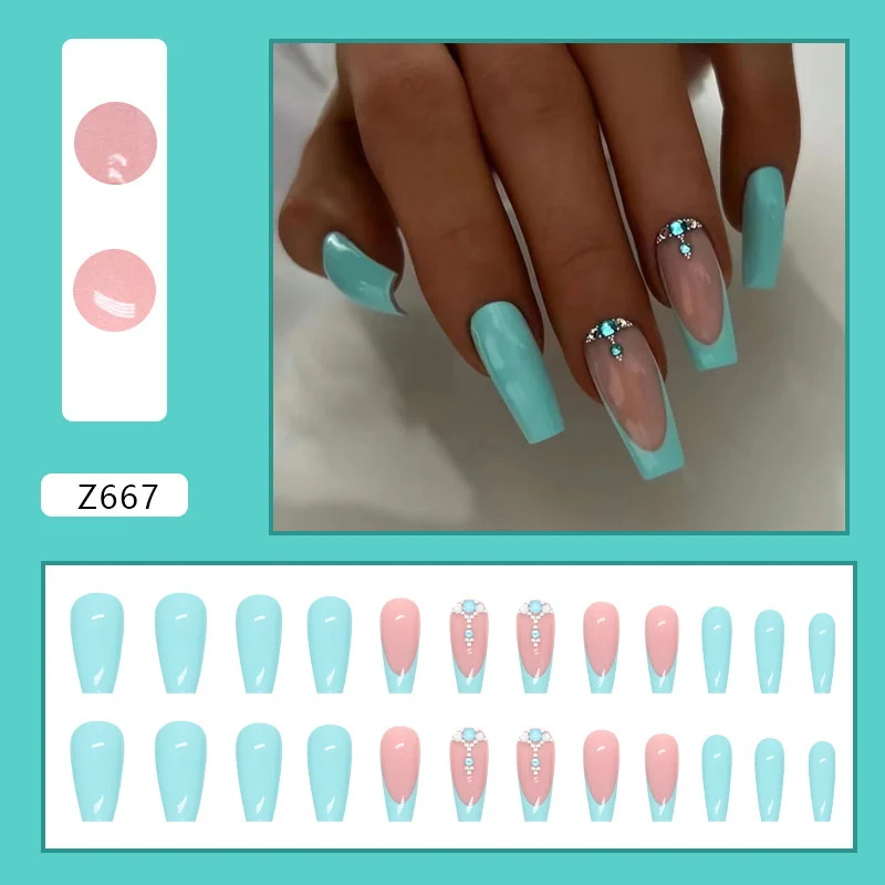 Churchf Churchf And Long Lake Blue Dripping Diamond Nail Flash Pure Color Fake Nails Fashion Luxury Diamond Wear Armor Finished Products