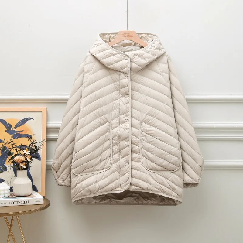 Toloer Light Down Jacket 2024 New Loose Simple Hooded Large Size White Duck Down Thin Coat-Outfit Ideas