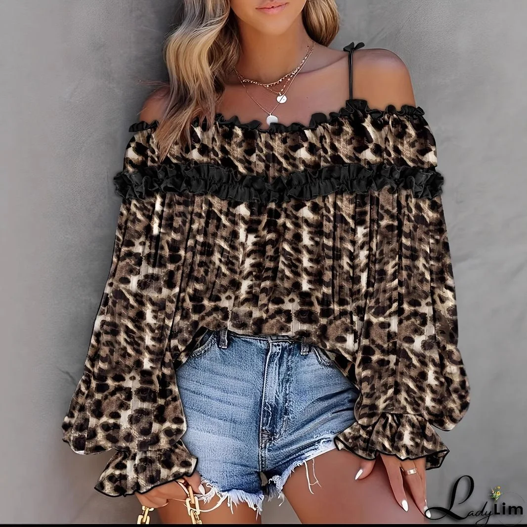 Ladies Long Sleeve Off Shoulder Leopard Sexy Chiffon Shirt Off Shoulder Leopard Print Top