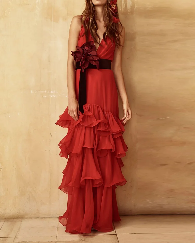 Red Ruffled Waist Floral Sleeveless Dress