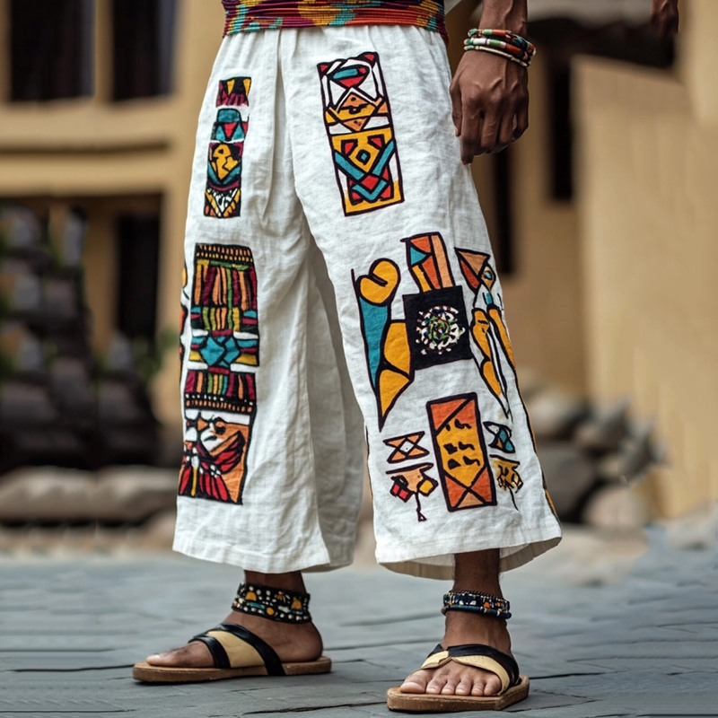 Men's African Ethnic Pattern Color Block Linen Casual Pants