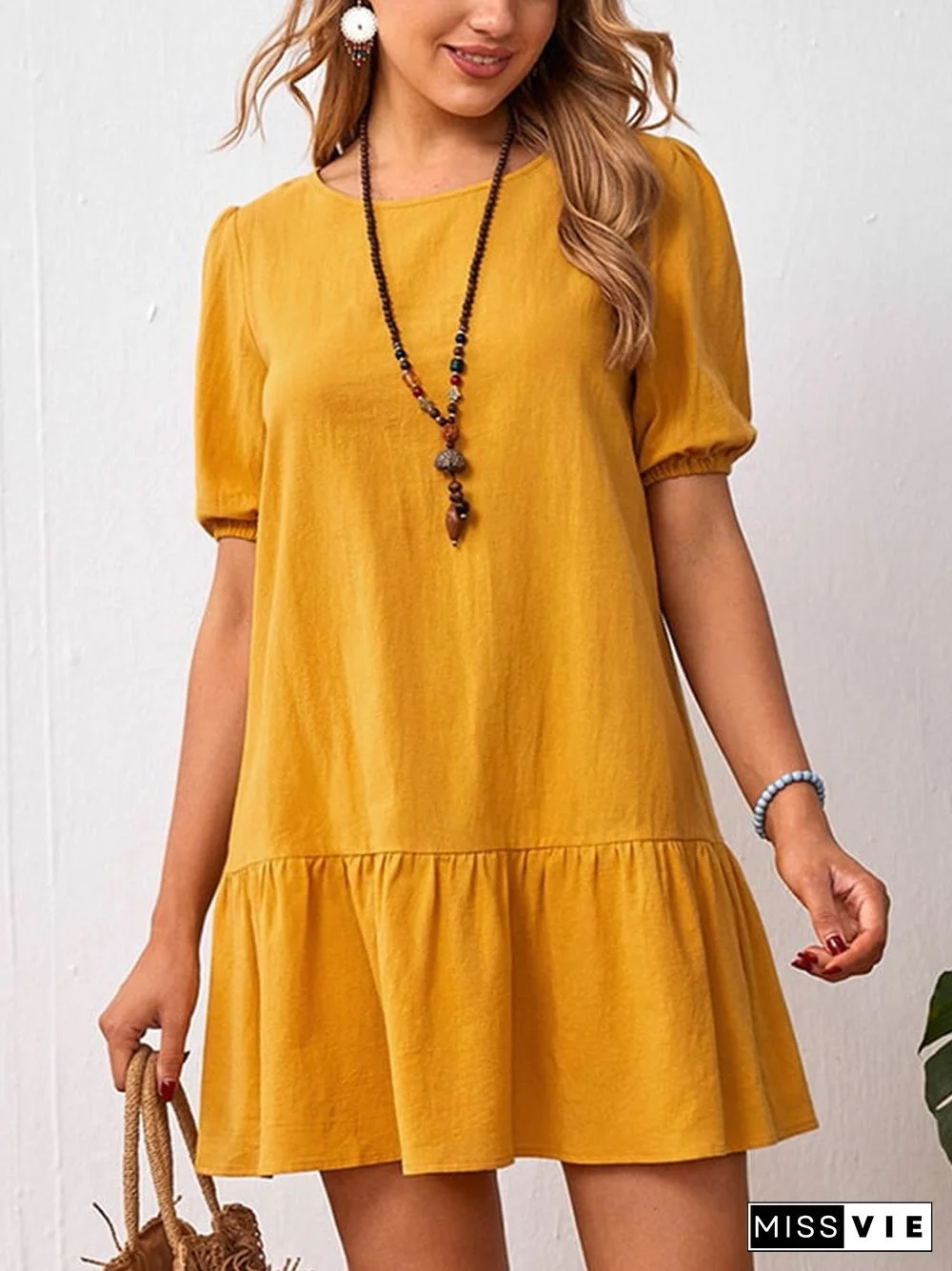 Solid Loose Waist Round Neck Dress