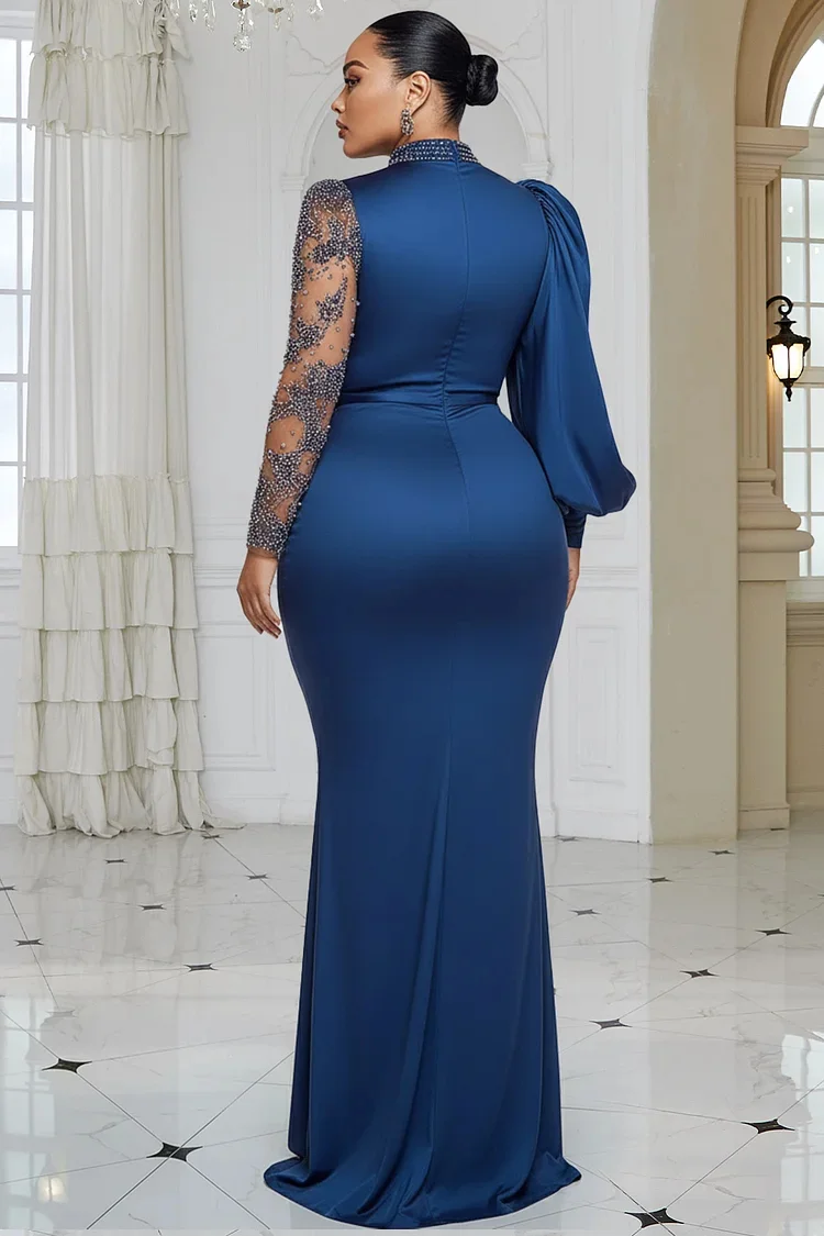 Xpluswear Design Plus Size Formal Blue Mock Neck Lantern Sleeve Long Sleeve Drilling Elegant See Through Tulle Satin Maxi Dresses