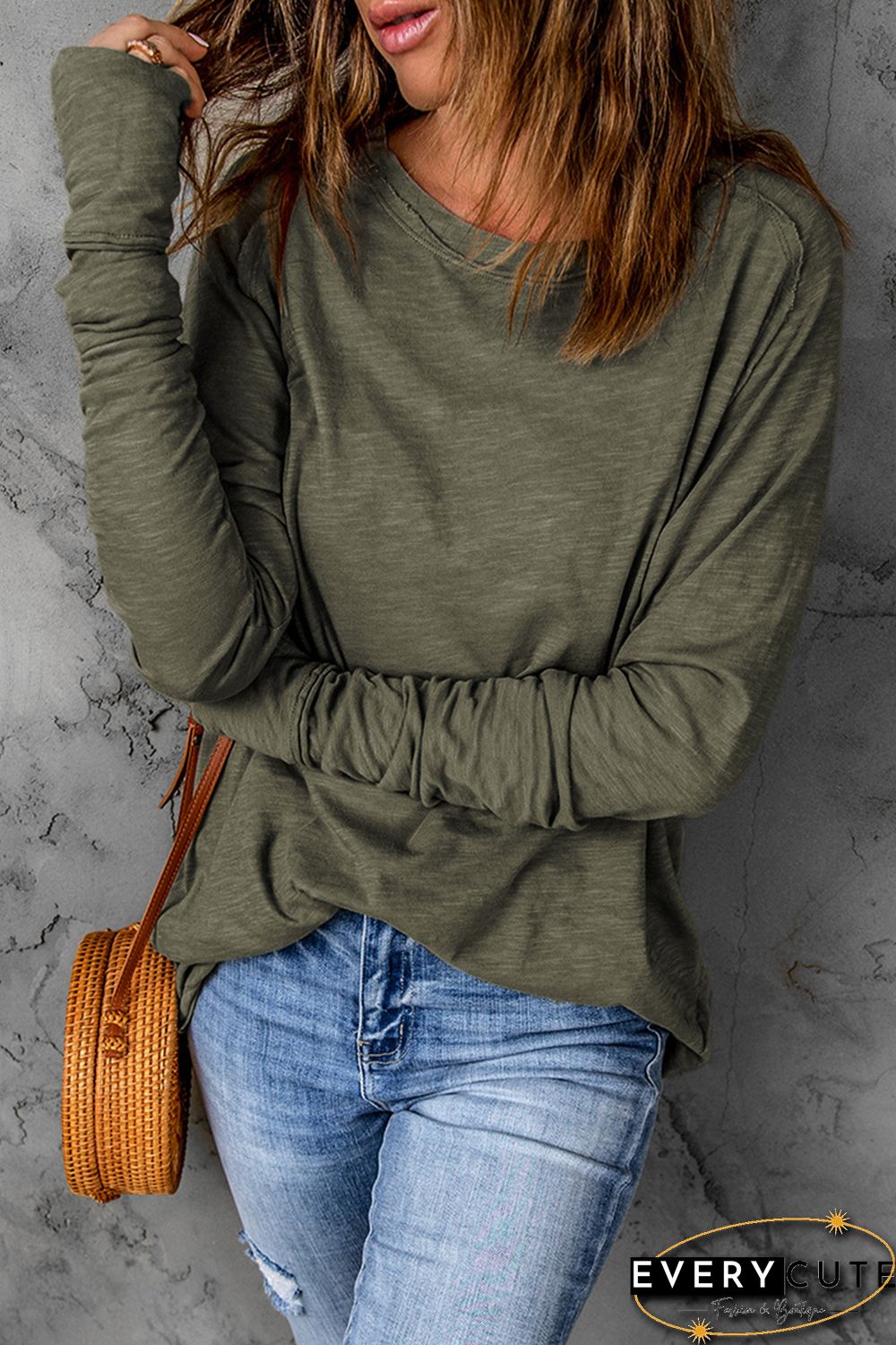 Green Solid Crew Neck Long Sleeve Long Sweatshirt