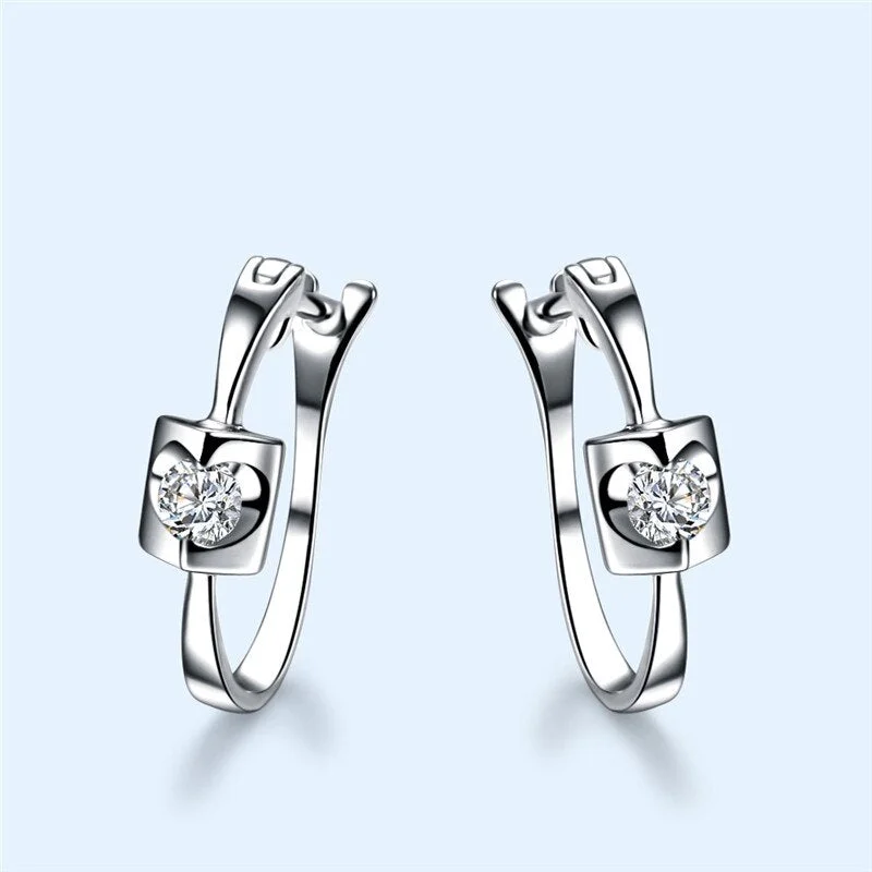 Trendy Female White Zircon Earrings Charm Silver Color Heart Clip Earrings For Women Dainty Crystal Round Wedding Earrings