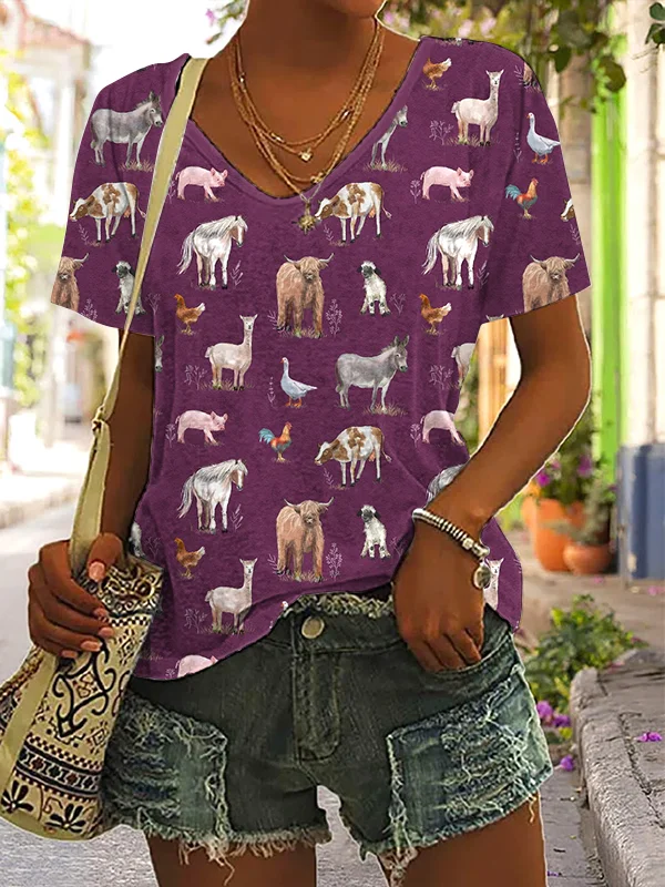 VChics Farm Animals Print V-Neck Casual Cotton T-Shirt