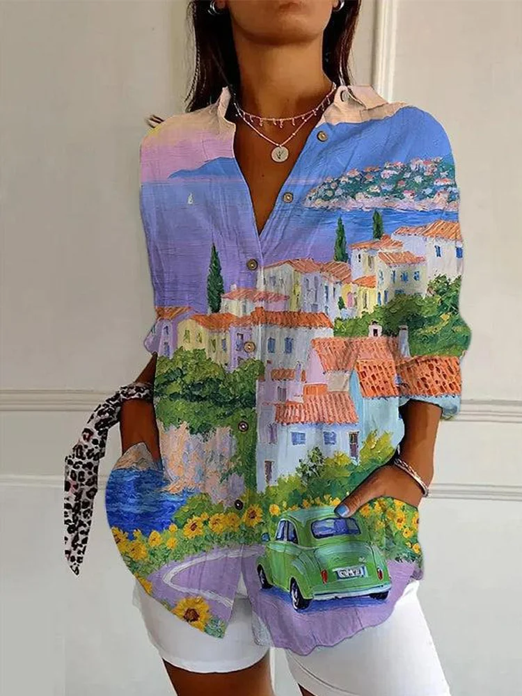 Lunivibe Spring Geometric Printed Women's Linen Blouse