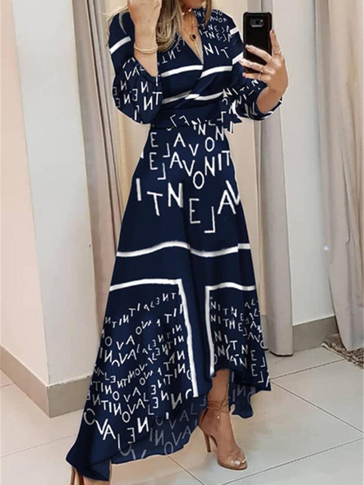 Women's Long Sleeve V-neck Striped Printed Maxi Dress