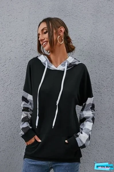 Plaid Drawstring Dropped Shoulder Hoodie