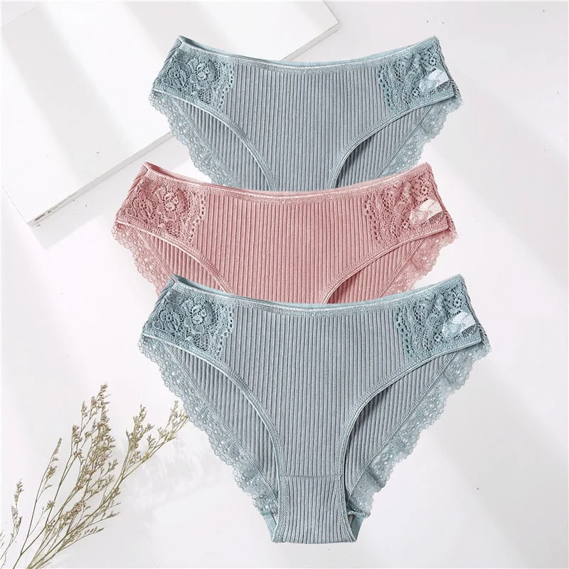 FINETOO 3PCS/Set M-XXL Cotton Underwear Women's Panties Comfort Underpants Floral Lace Briefs For Woman Sexy Low-Rise Intimates