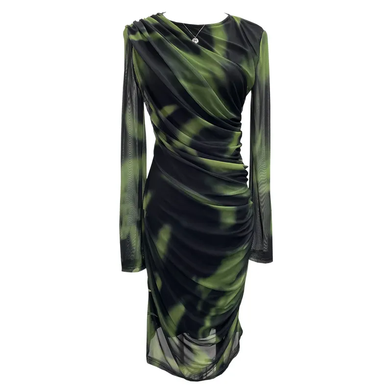 Brownm Vintage Tie-Dye Printing Irregular Folded Mesh Yarn Body-Body-Sleeve Dress 9901