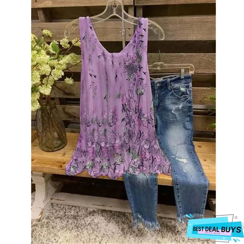 Floral-print V Neck Sleeveless Casual Tunic Top