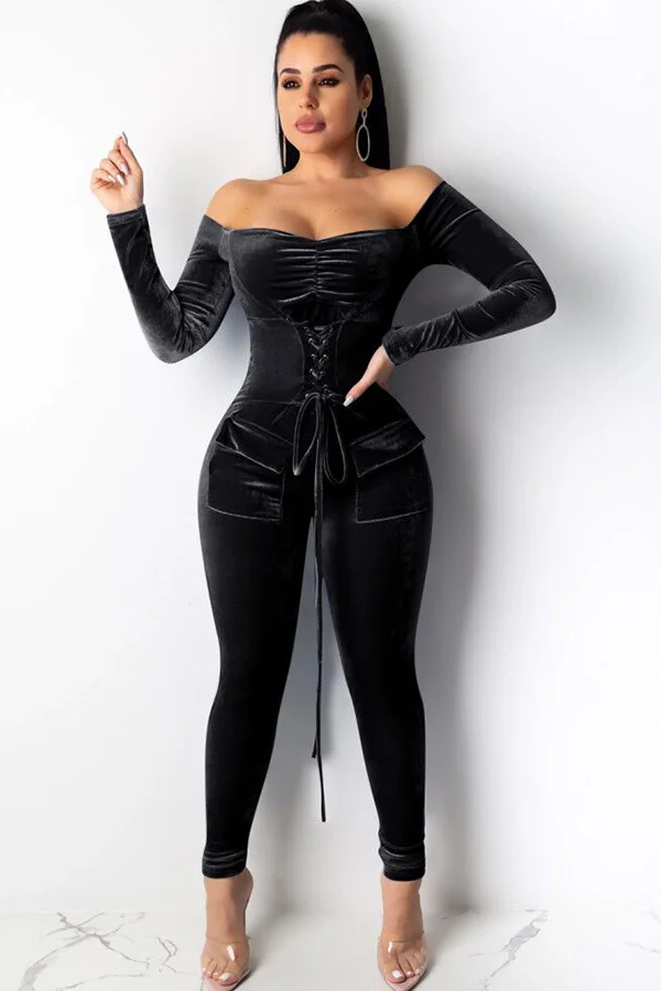 Black Sexy Solid bandage Long Sleeve one word collar