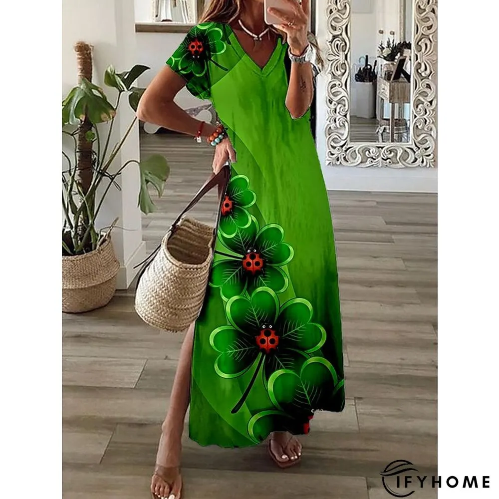 Women's St. Patrick Four Leaf Clover Long Dress Maxi Dress Casual Dress A Line Dress Print Dress Fashion Streetwear Daily Date Vacation Split Print Short Sleeve V Neck Dress Regular Fit White Light | IFYHOME