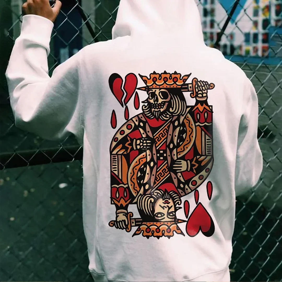 Skeleton Poker King Streetwear Casual Graphic White Print Hoodie