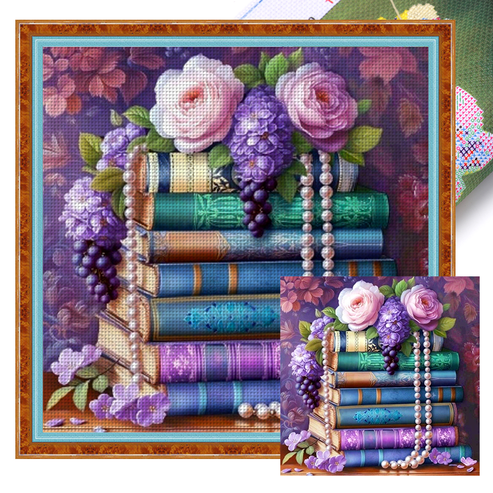 Books And Flowers Full 11CT Pre-stamped Canvas(45*45cm) Cross Stitch