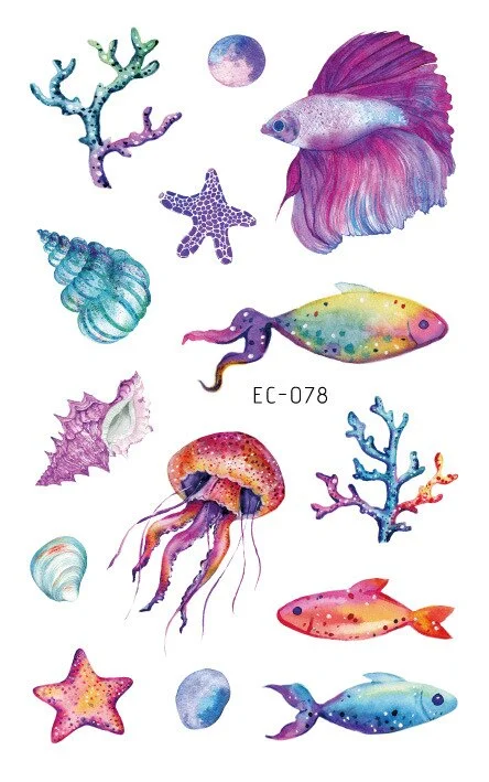24 kinds Temporary Tattoo Stickers for Kids Cute Cartoon Tropical Fish Marine faux tatouage temporaire Disposable Children Gift