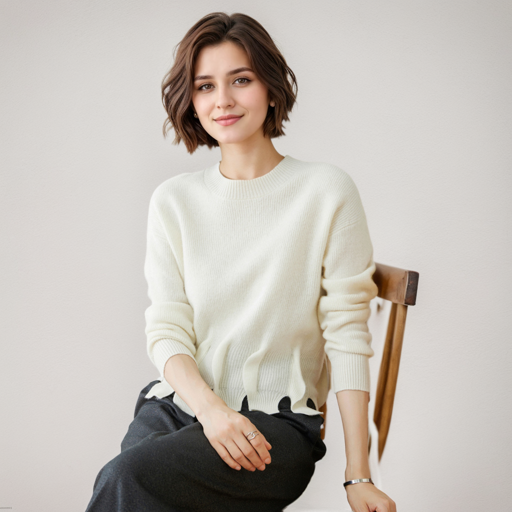 Pull en cachemire à ourlet à pompons vintage pour femme- SOIE PLUS