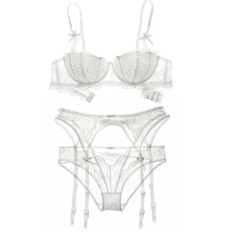 Sexy Garter Set Bra Panties Garter Underwire Bra Plus Size Bralettes 1/2 Cup Tow Hook-and-eye Sexy Intimates Woman Lingerie 2020
