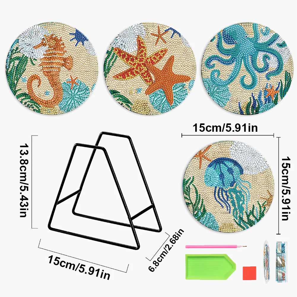 4pcs DIY Marine Life Wooden Diamond Painted Placemats for Dining Table Decor(15*15cm)