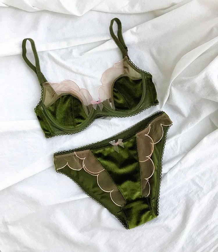 Velvet and lace contrast color comfortable sexy bra set ultra-thin breathable underwear women cute sweet girl lingerie set