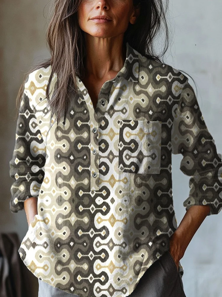 Women's Floral Art  Print Casual Cotton And Linen Shirt