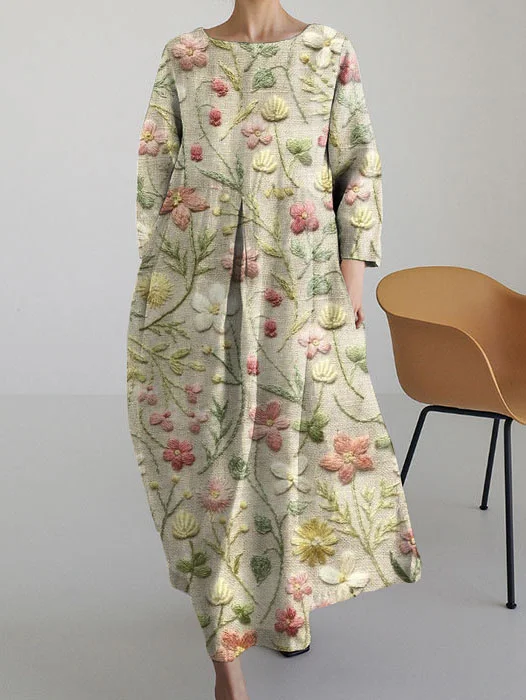 Floral Embroidery Art Vintage Long Sleeve Midi Dress