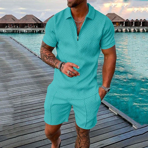 MEN'S SEASIDE CASUAL LAKE WATER GREEN COLOR PRINTED POLO SUIT 2