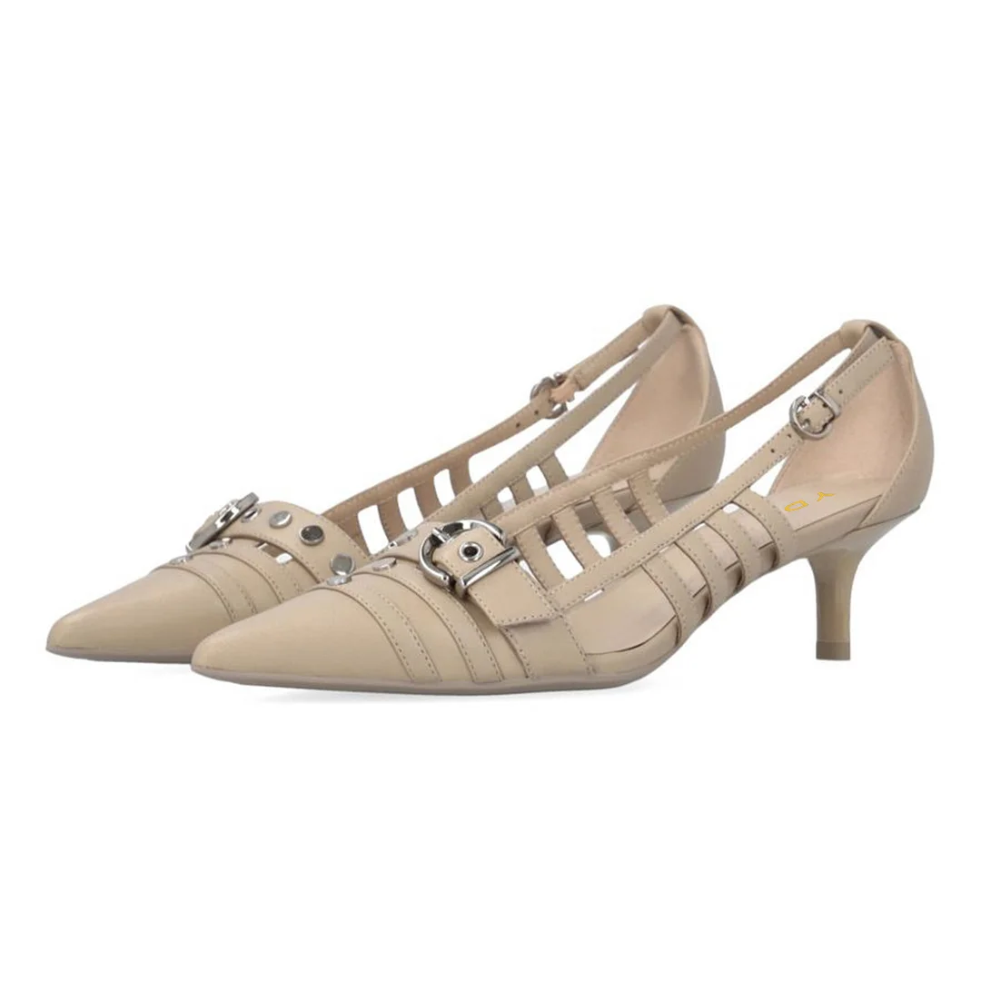 Light Beige Cut-Out Pointed Toe Buckle Strap Kitten Heel Pumps