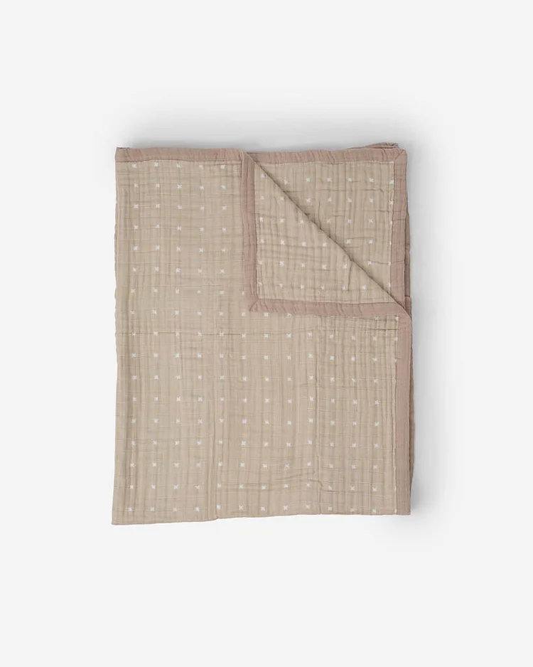 Cotton Muslin Quilted Throw - Taupe Cross