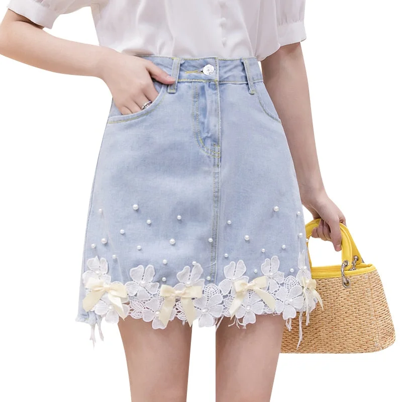 Zoki Fashion Lace Flower Denim Skirt Summer Pearl High Waist Ladies Jean Mini Skirt Causal Korean Slim Girls Short Faldas 2021