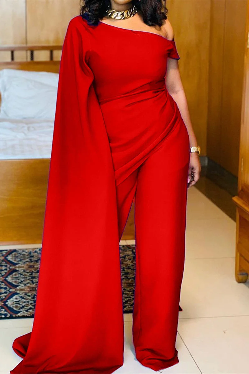 Fashion Solid Split Joint Oblique Collar Regular Jumpsuits