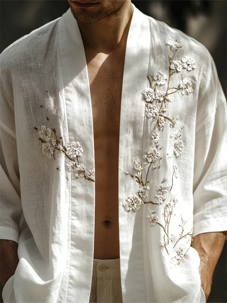Men's Classy White Almond Blossom Embroidered Linen Kimono  artssus