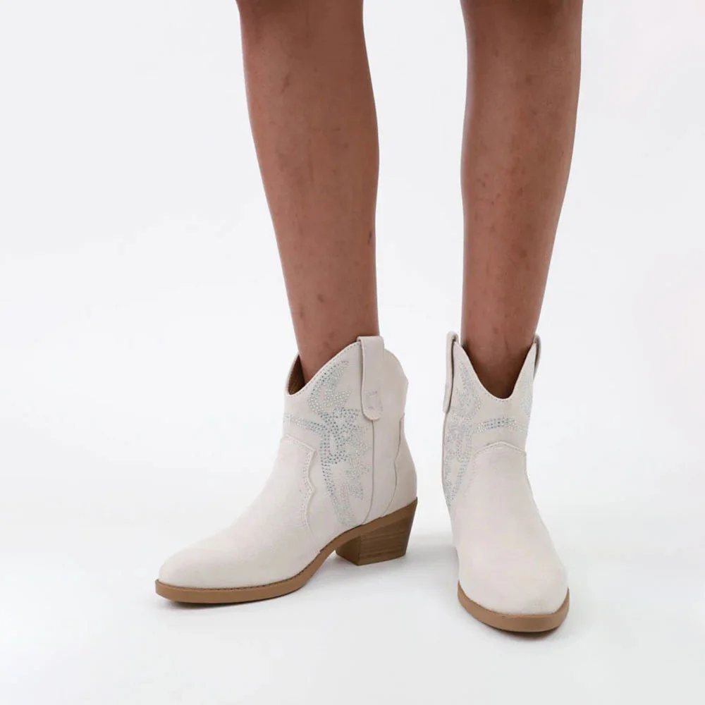 White Closed Toe Block Heel Rhinestone Western Ankle Boots for Women