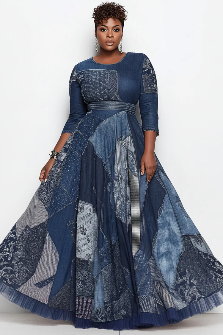 Xpluswear Design Plus Size Semi Formal Blue Graphic Round Neck 3/4 Sleeve Pocket Casual Ruffle Maxi Dresses 2024 - Xpluswear