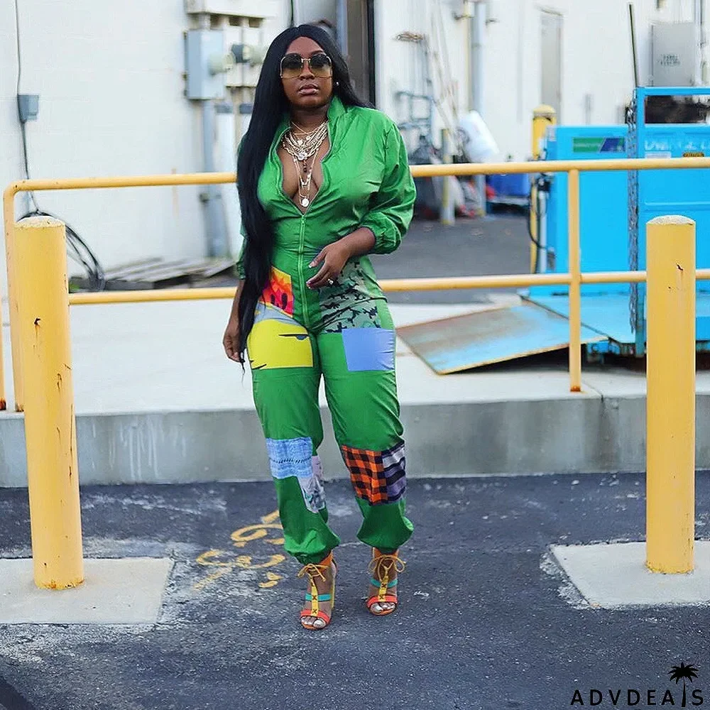 Fashion Casual Cute Positioning Print Zipper Jumpsuit