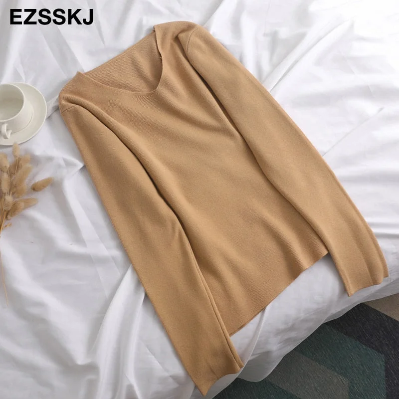chic casual Autumn Winter Basic  v-neck Sweater pullovers Women 2021 loose Knit  Pullover female Long Sleeve Khaki Sweater