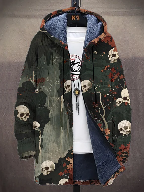 Men's Halloween Skull Forest Landscape Print Hooded Trench Coat