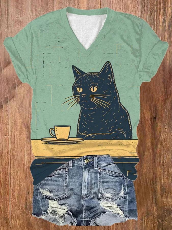 Women's Black Cat Chilling Coffee Art Print V Neck T-Shirt