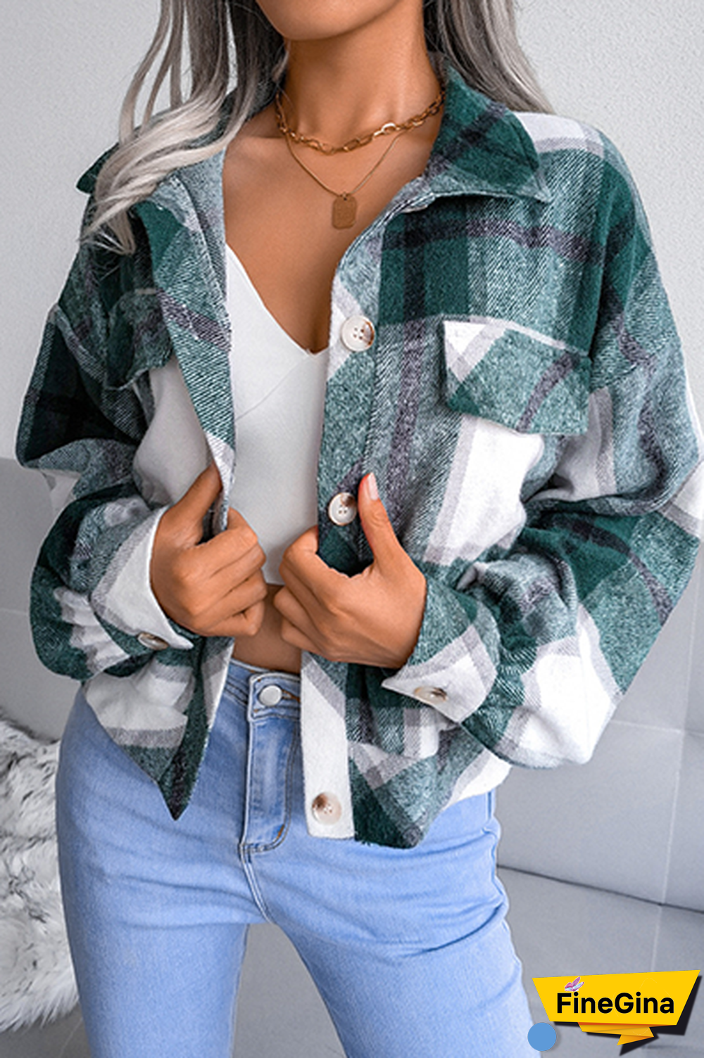 Casual Plaid Patchwork Buckle Turndown Collar Outerwear(3 Colors)