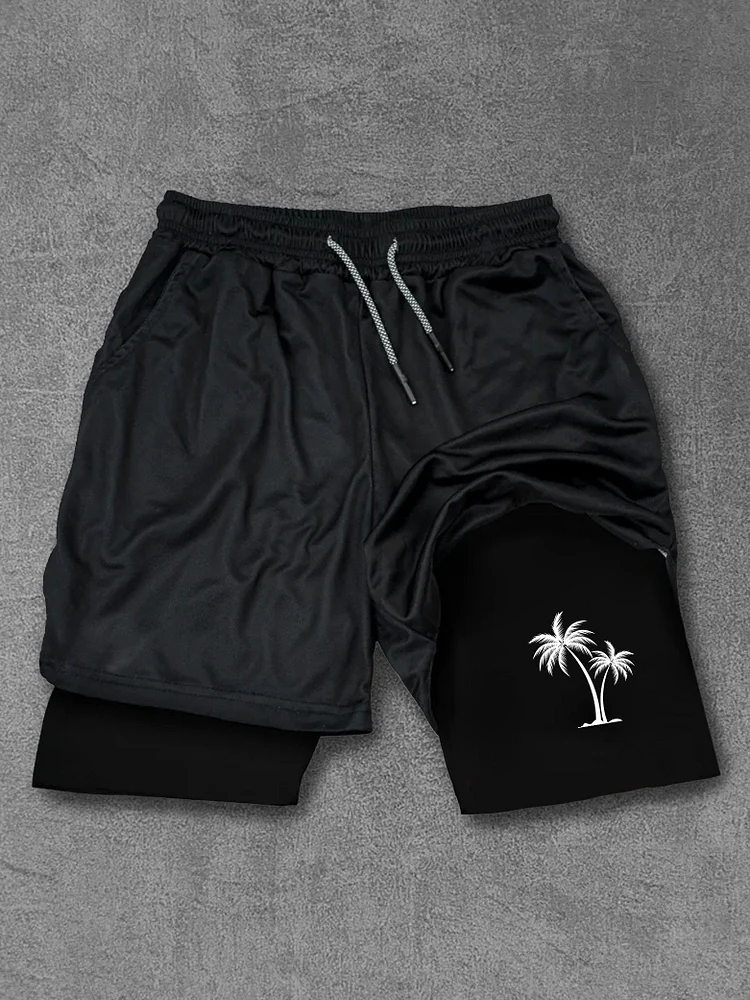 Men's Running Sports Leisure Outdoor Coconut Tree Print Loose Multi-pocket Double-layer Fitness Shorts