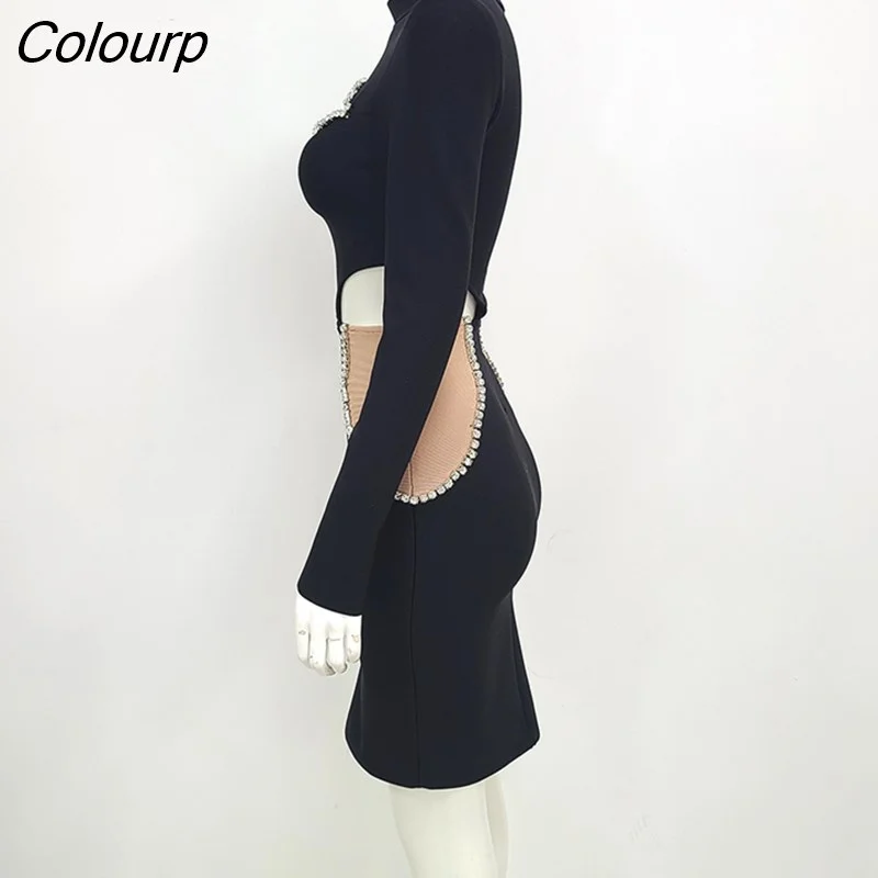 Colourp New Black Rayon Bandage Women Long Sleeve Sexy Keyhole Crystal Bodycon Mini Dress Nightclub Celebrate Party Vestido
